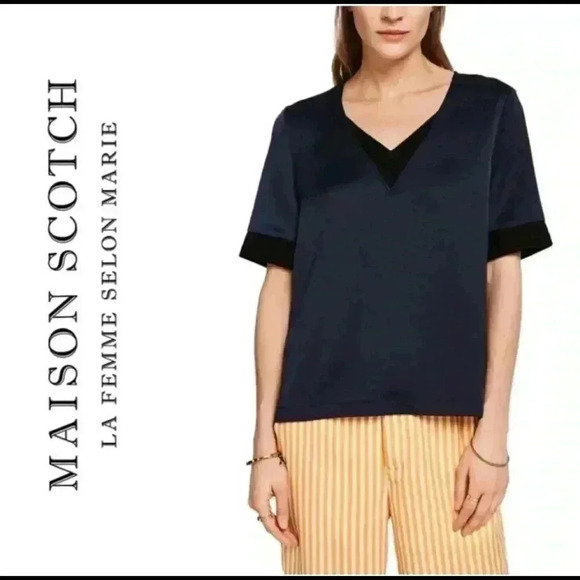 Scotch & Soda Blue Solid Rib Top V-Neck Top Size Small - Picture 1 of 10